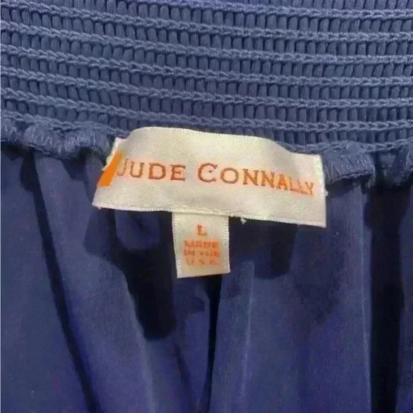 Jude Connally Off the Shoulder Navy Smocked Neckline Summer Preppy Nautical Sz L - Picture 2 of 8